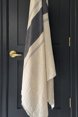 Natural Navy Striped Linen Blend Blanket